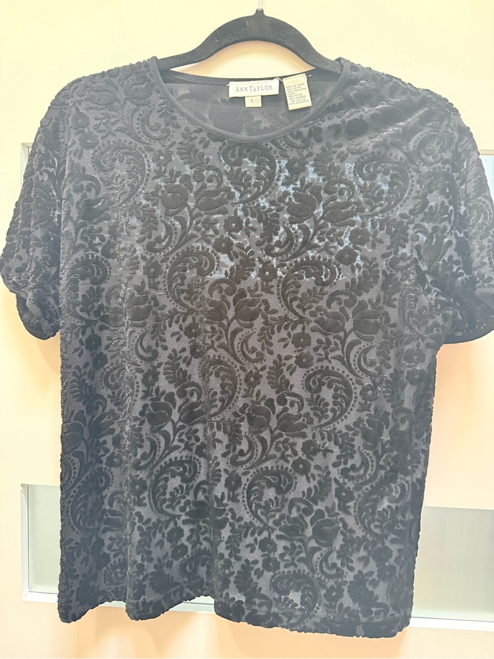 Ann Taylor Black Burnout Velvet Short Sleeve Tee